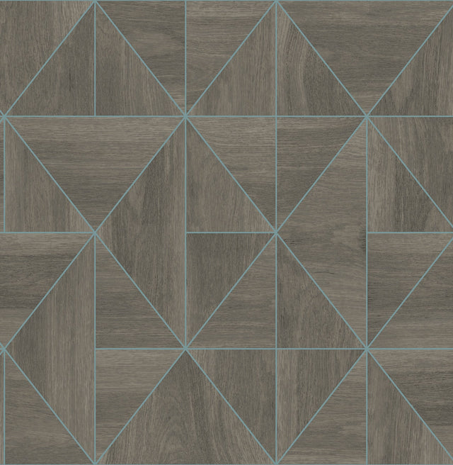 Cheverny Coffee Geometric Wood Wallpaper with Turquoise Linework - A?Street Prints 2908-25322