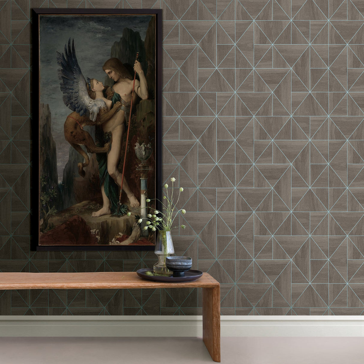Cheverny Coffee Geometric Wood Wallpaper with Turquoise Linework - A?Street Prints 2908-25322