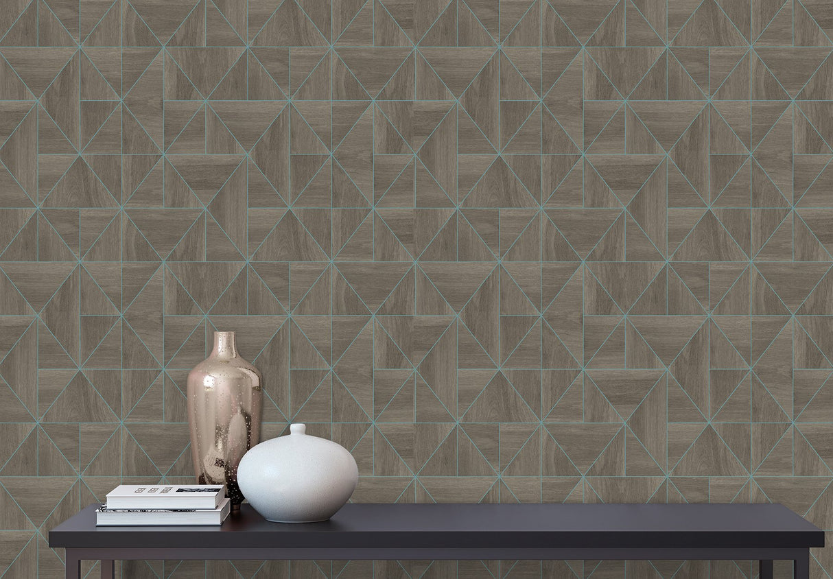 Cheverny Coffee Geometric Wood Wallpaper with Turquoise Linework - A?Street Prints 2908-25322