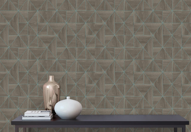 Cheverny Coffee Geometric Wood Wallpaper with Turquoise Linework - A?Street Prints 2908-25322