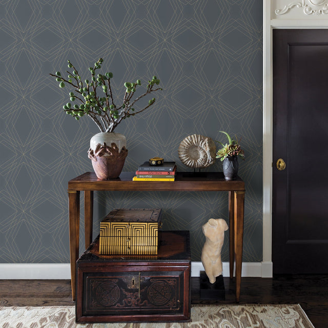 Relativity Charcoal Geometric Wallpaper with Metallic Gold Linework - A-Street Prints 2908-87107