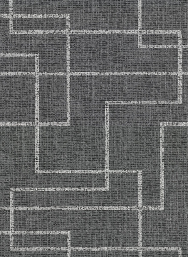Clarendon Charcoal Geometric Faux Grasscloth Wallpaper with Distressed Textures Pattern, Traditional Style - Warner 2921-50500