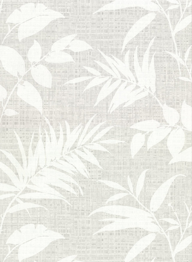 Chandler Grey Botanical Faux Grasscloth Wallpaper with Tropical Leaf Motif - Warner 2921-50808