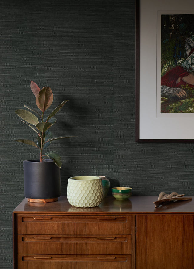 Kowloon Charcoal Sisal Grasscloth Wallpaper with Modern Fabric & Woven Texture - A?Street Prints 2923-80075