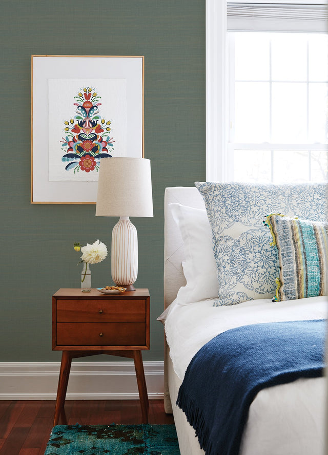 Mai Teal Grasscloth Wallpaper with Coastal Fabric & Woven Texture - A?Street Prints 2923-86102