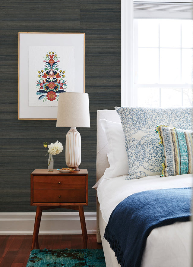 Mai Indigo Grasscloth Wallpaper with Textured Fabric & Woven Look - A?Street Prints 2923-86104