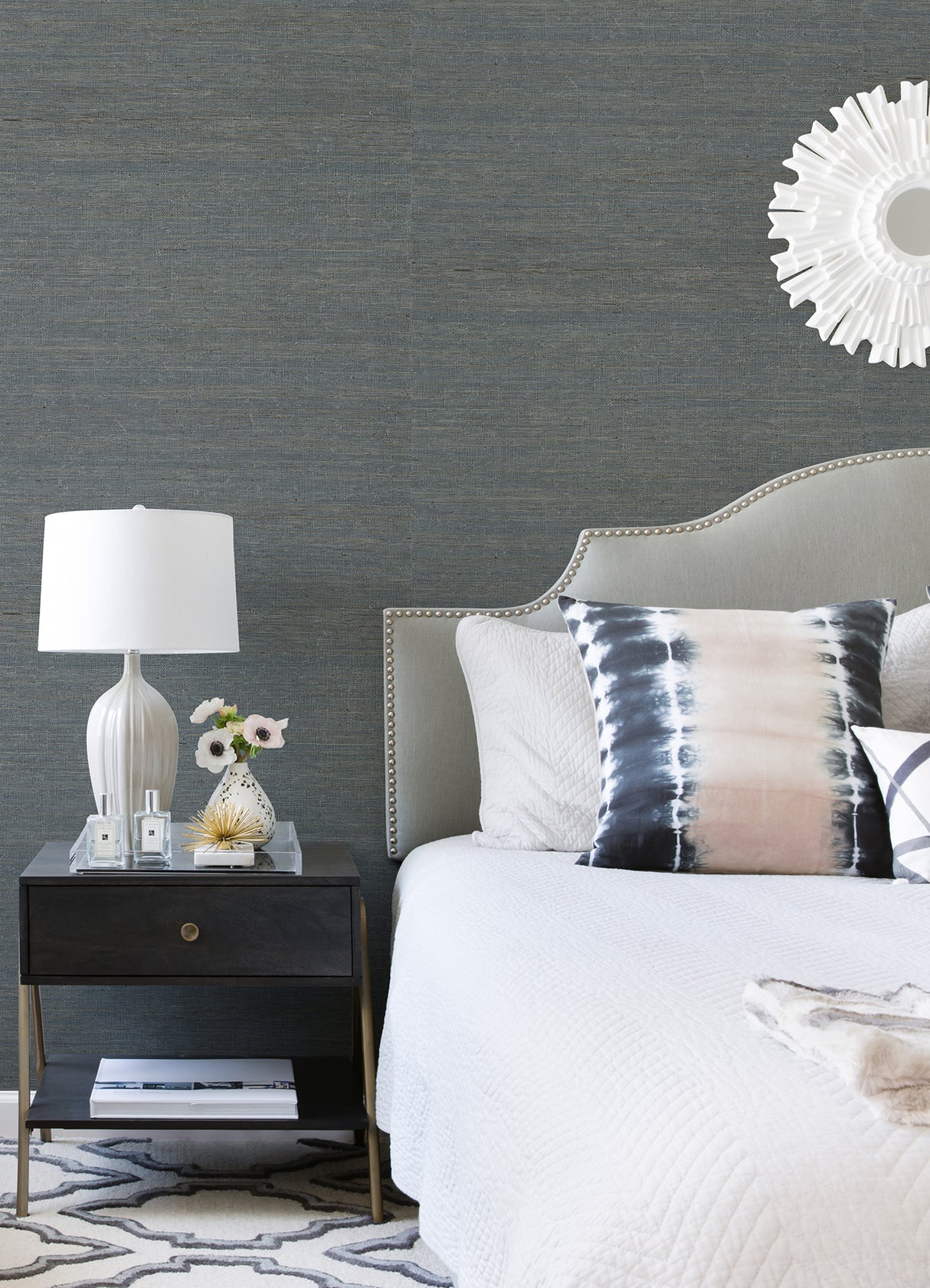 Aiko Slate Sisal Grasscloth Wallpaper in Smokey Blue with Earthy Brown Accents Coastal Textured Unpasted 36in x 24ft by A-Street Prints - GRL86124