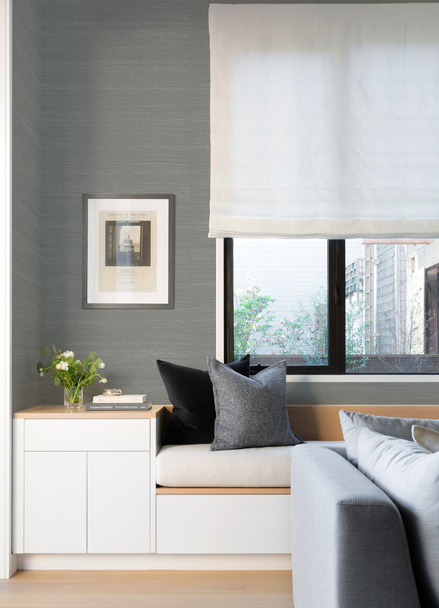 Sakiya Slate Grasscloth Wallpaper with Glam Fabric & Woven Texture - A-Street Prints 2923-86138