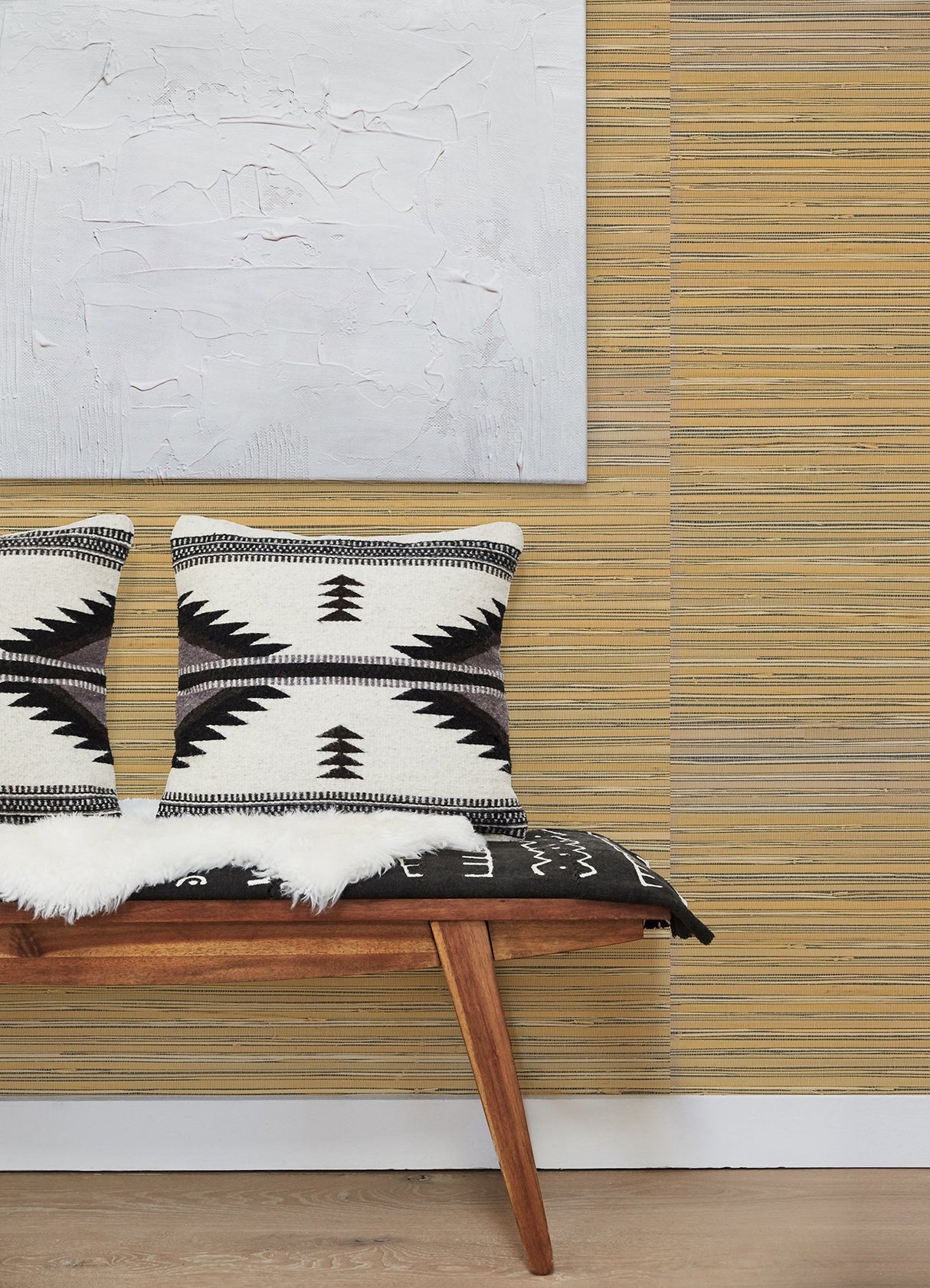 Ushi Black Grasscloth Wallpaper with Modern Striped Hand Weave Texture - Brewster 2923-88048