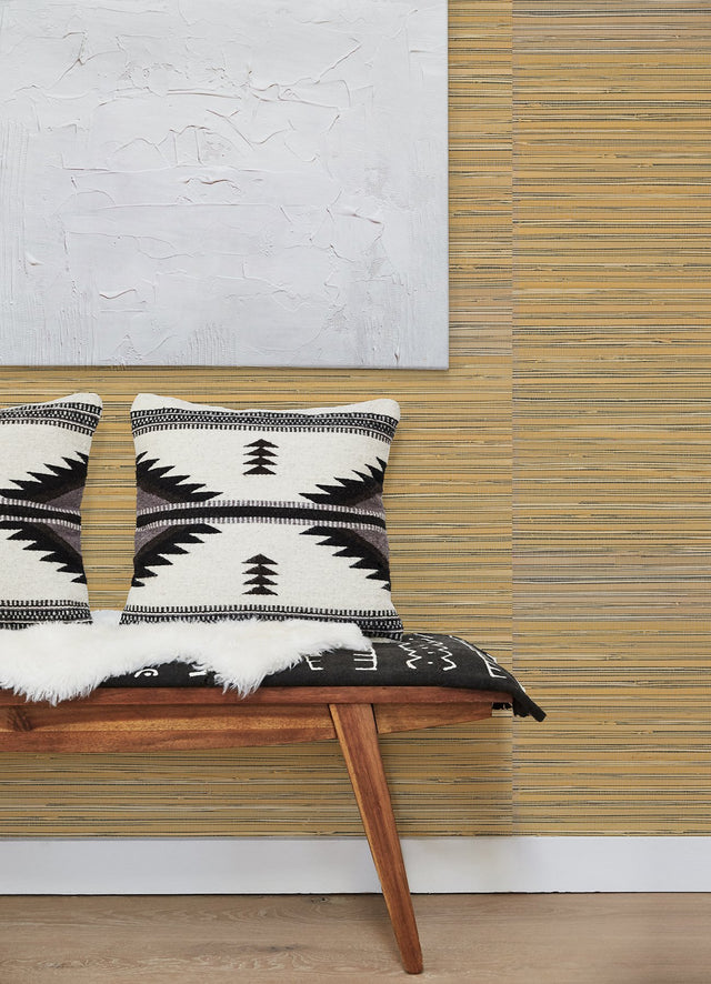 Ushi Black Grasscloth Wallpaper with Modern Striped Hand Weave Texture - Brewster 2923-88048