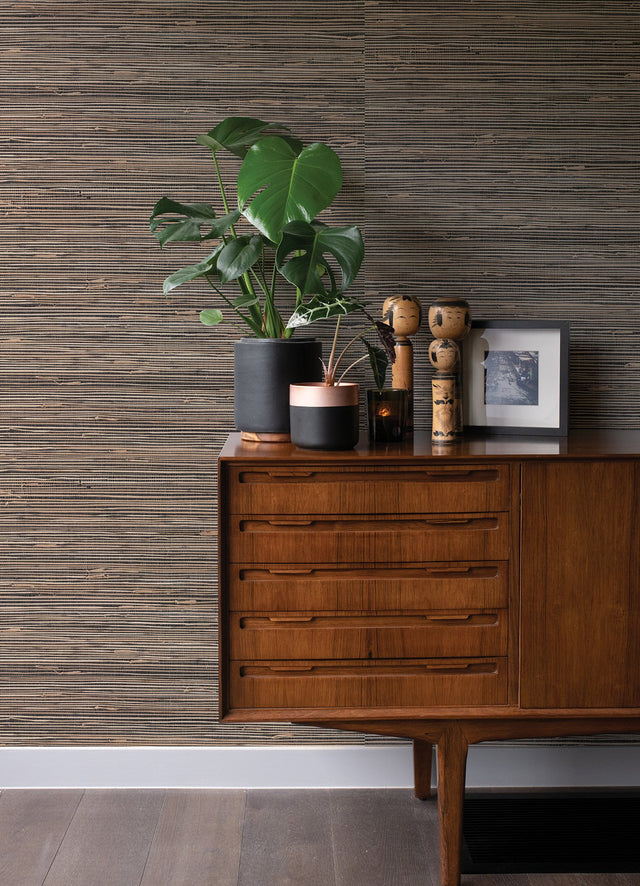 Anhui Black Grasscloth Wallpaper in Black with Fabric & Woven Texture, Modern Graphics - A-Street Prints 2923-89475