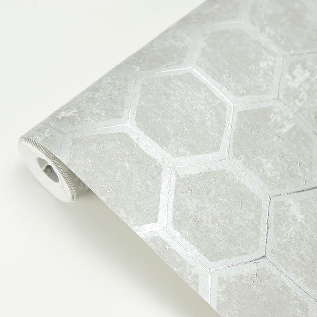 Starling Grey Honeycomb Wallpaper with Metallic Geometric Pattern - Brewster 2927-00401