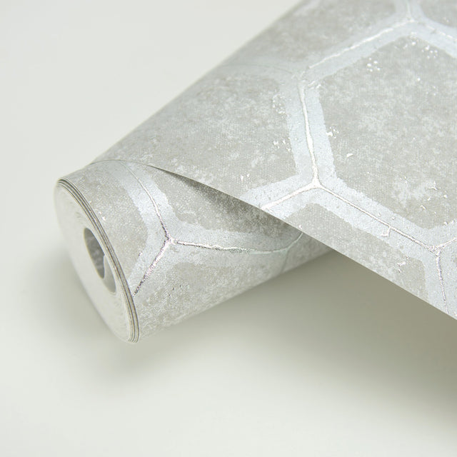 Starling Grey Honeycomb Wallpaper with Metallic Geometric Pattern - Brewster 2927-00401