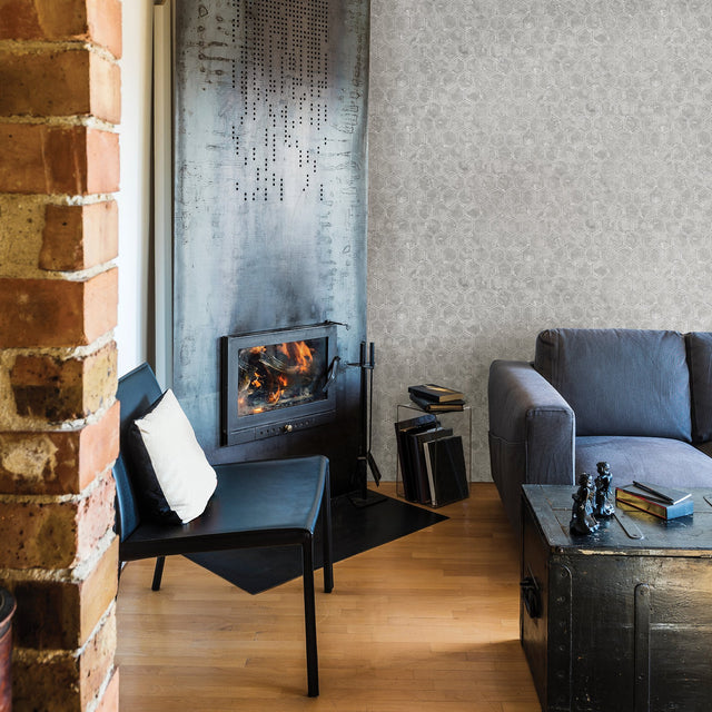 Starling Grey Honeycomb Wallpaper with Metallic Geometric Pattern - Brewster 2927-00401