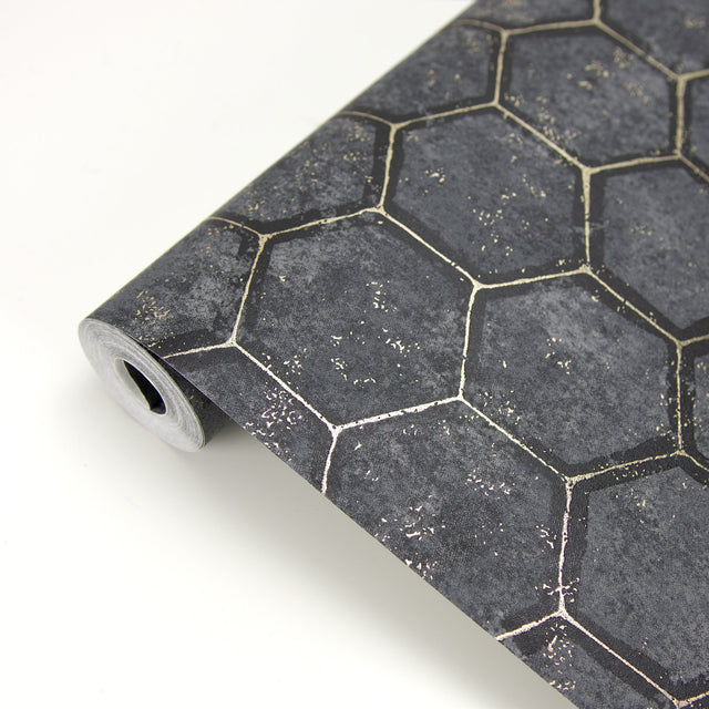 Starling Charcoal Honeycomb Wallpaper with Metallic Geometric Hexagon Pattern - Brewster 2927-00403