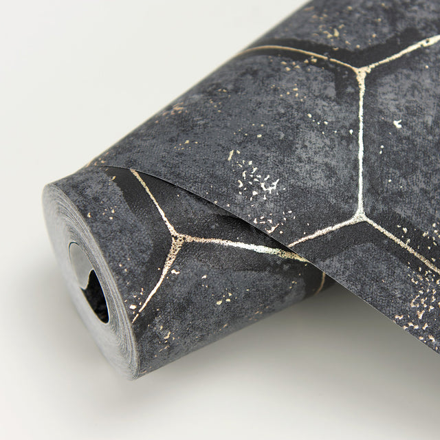 Starling Charcoal Honeycomb Wallpaper with Metallic Geometric Hexagon Pattern - Brewster 2927-00403