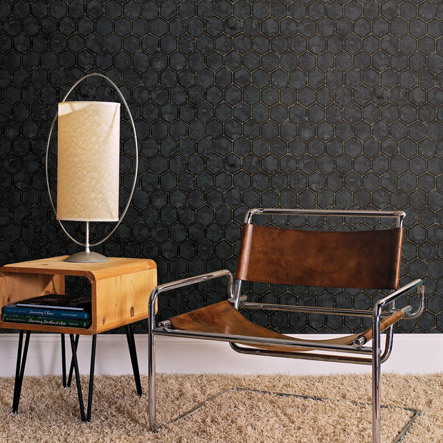 Starling Charcoal Honeycomb Wallpaper with Metallic Geometric Hexagon Pattern - Brewster 2927-00403