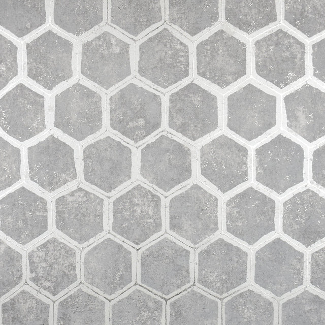 Starling Pewter Honeycomb Wallpaper with Metallic Geometric Pattern - Brewster 2927-00404