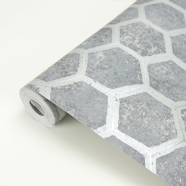 Starling Pewter Honeycomb Wallpaper with Metallic Geometric Pattern - Brewster 2927-00404