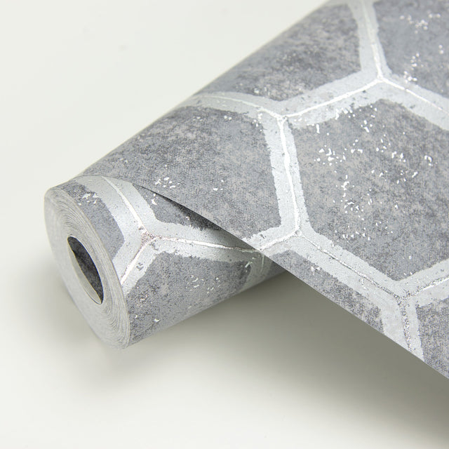 Starling Pewter Honeycomb Wallpaper with Metallic Geometric Pattern - Brewster 2927-00404