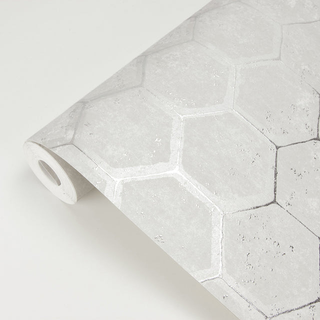 Starling Silver Honeycomb Wallpaper with Metallic Geometric Motif - Brewster 2927-00406