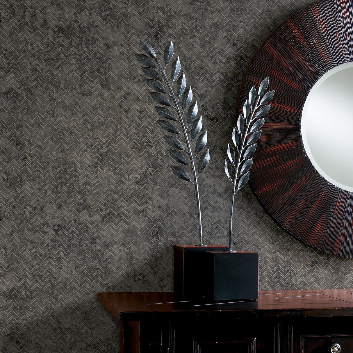 Luna Charcoal Distressed Chevron Wallpaper with Metallic Rose Gold Accents - Brewster 2927-00601