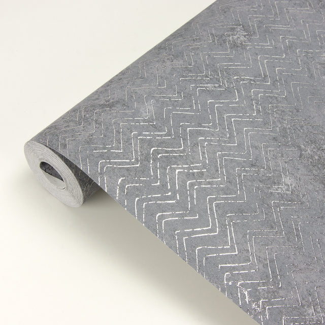 Luna Pewter Distressed Chevron Wallpaper with Metallic Abstract Chevron Motif - Brewster 2927-00602