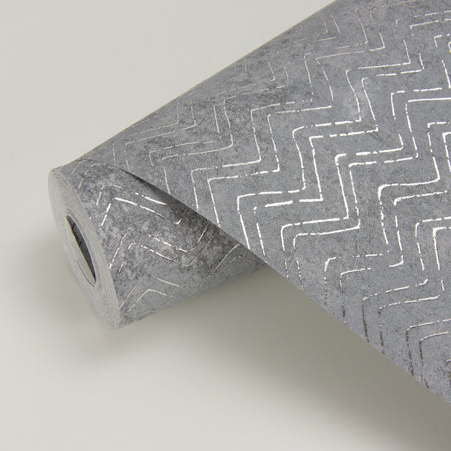 Luna Pewter Distressed Chevron Wallpaper with Metallic Abstract Chevron Motif - Brewster 2927-00602