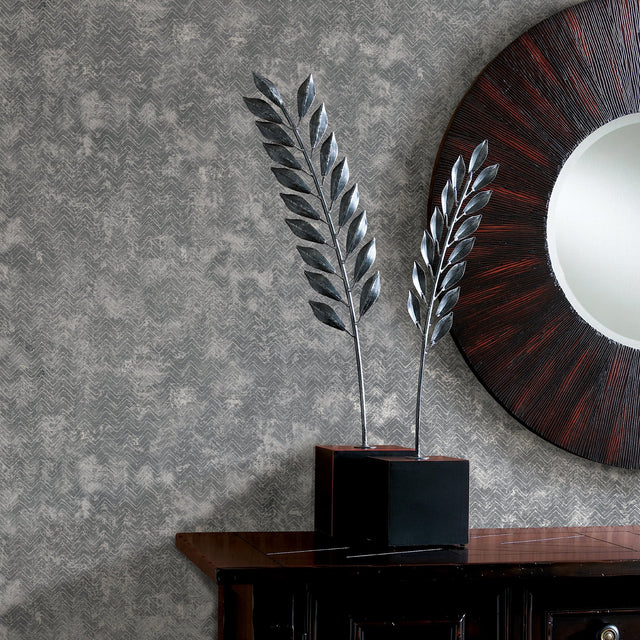 Luna Pewter Distressed Chevron Wallpaper with Metallic Abstract Chevron Motif - Brewster 2927-00602