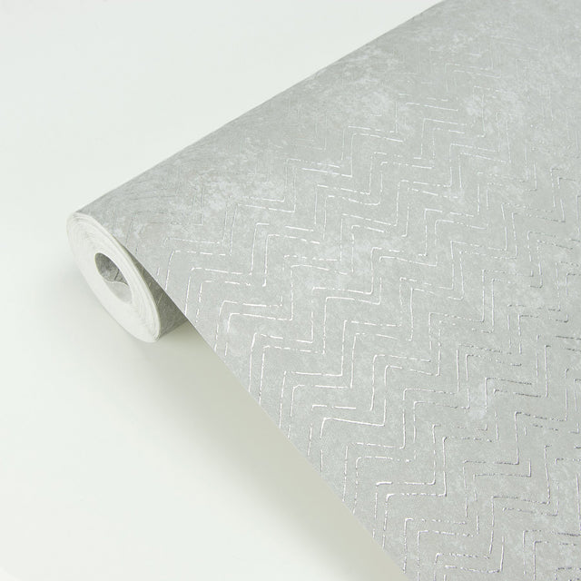 Luna Silver Distressed Chevron Wallpaper with Metallic Modern Abstract Pattern - Brewster 2927-00607