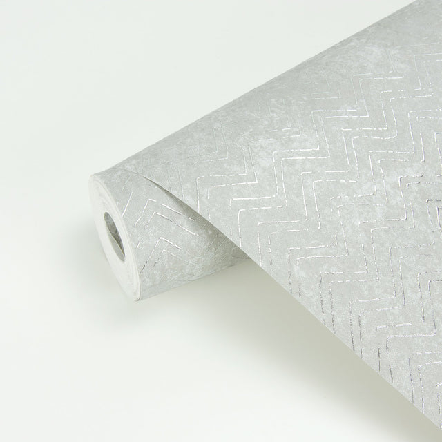 Luna Silver Distressed Chevron Wallpaper with Metallic Modern Abstract Pattern - Brewster 2927-00607