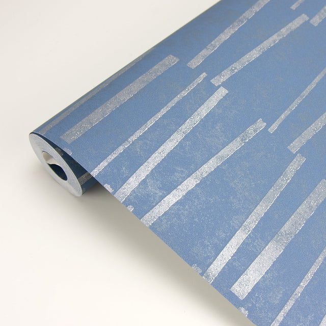 Luminescence Blue Abstract Stripe Wallpaper with Metallic Silver Geometric Motif - Brewster 2927-10604