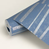 Luminescence Blue Abstract Stripe Wallpaper with Metallic Silver Geometric Motif - Brewster 2927-10604