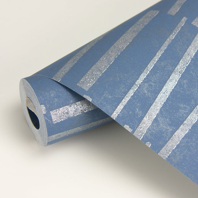 Luminescence Blue Abstract Stripe Wallpaper with Metallic Silver Geometric Motif - Brewster 2927-10604