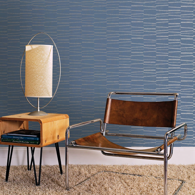 Luminescence Blue Abstract Stripe Wallpaper with Metallic Silver Geometric Motif - Brewster 2927-10604