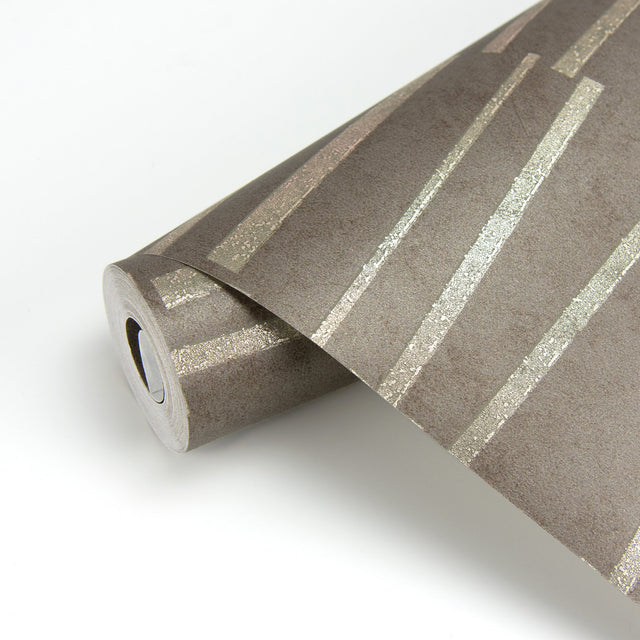 Luminescence Brown Abstract Stripe Wallpaper with Metallic Geometric Motif - Brewster 2927-10605