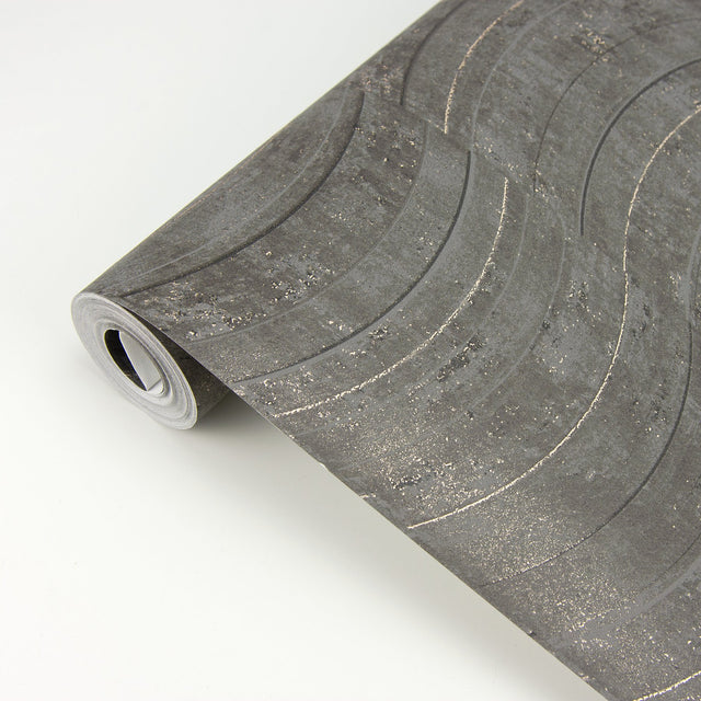 Hydra Dark Grey Geometric Wallpaper with Metallic Abstract Wave Pattern - Brewster 2927-10803