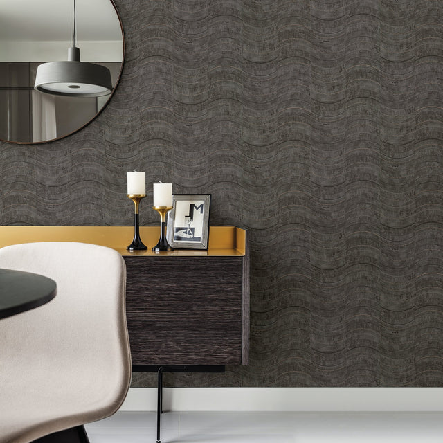 Hydra Dark Grey Geometric Wallpaper with Metallic Abstract Wave Pattern - Brewster 2927-10803
