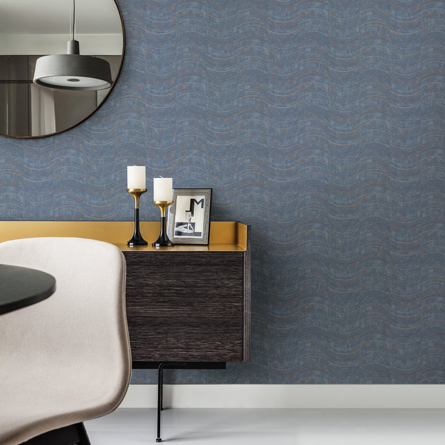 Hydra Blue Geometric Wallpaper with Abstract Wavy Stripe Motif - Brewster 2927-10805