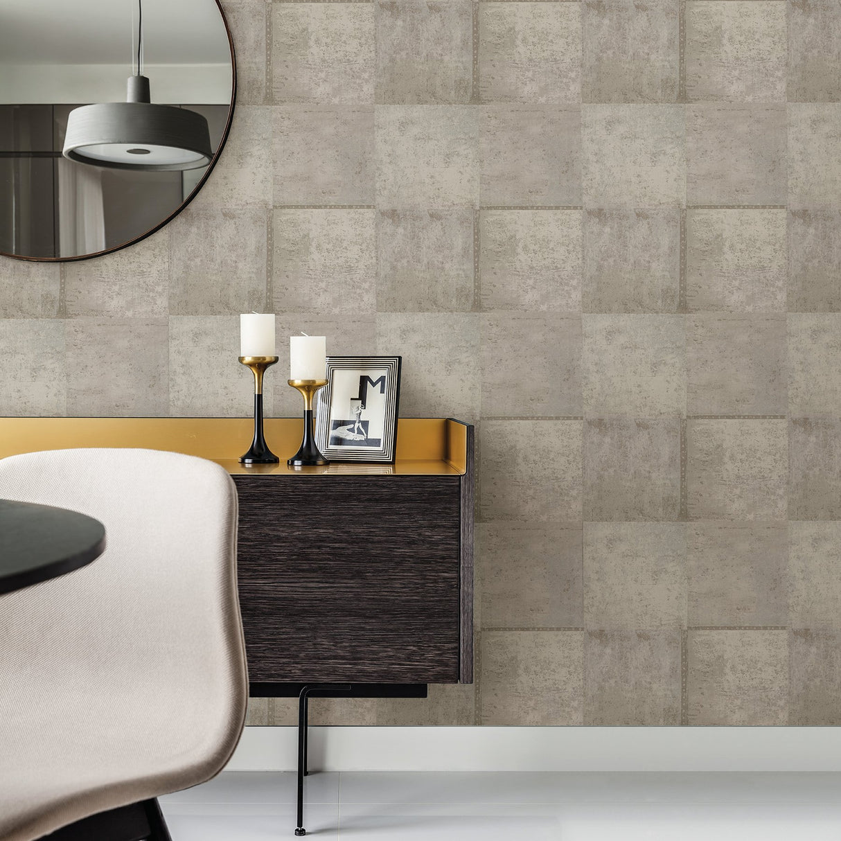 Vela Taupe Distressed Geometric Wallpaper with Metallic Abstract Geometric Pattern - Brewster 2927-10901