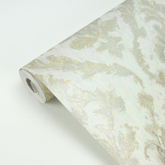 Lyra Light Grey Damask Wallpaper with Metallic Glam Abstract Motif - Brewster 2927-20106