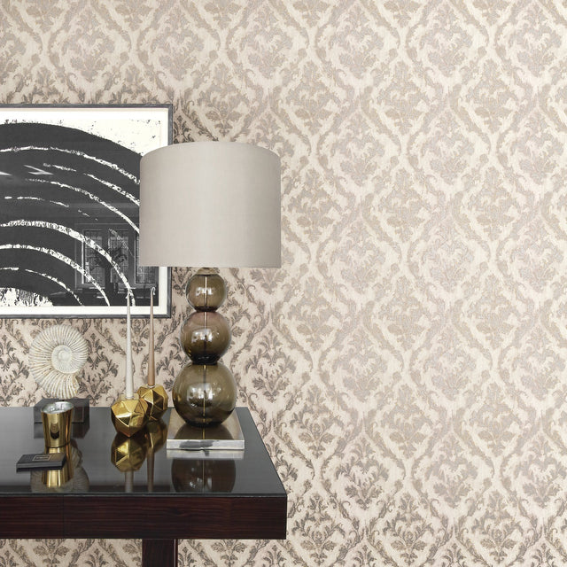 Lyra Light Grey Damask Wallpaper with Metallic Glam Abstract Motif - Brewster 2927-20106
