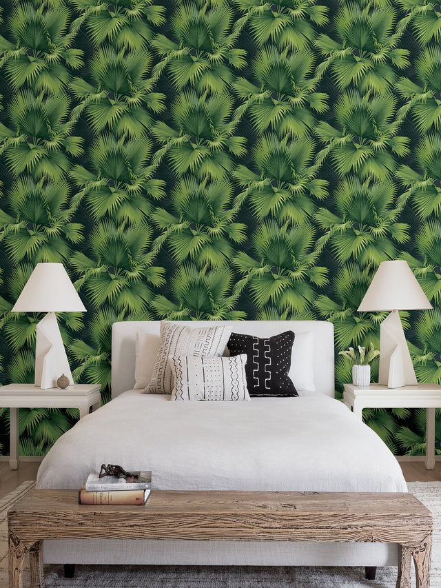 Summer Palm Dark Green Tropical Wallpaper with Botanical Leaf Motif - A?Street Prints 2927-40104