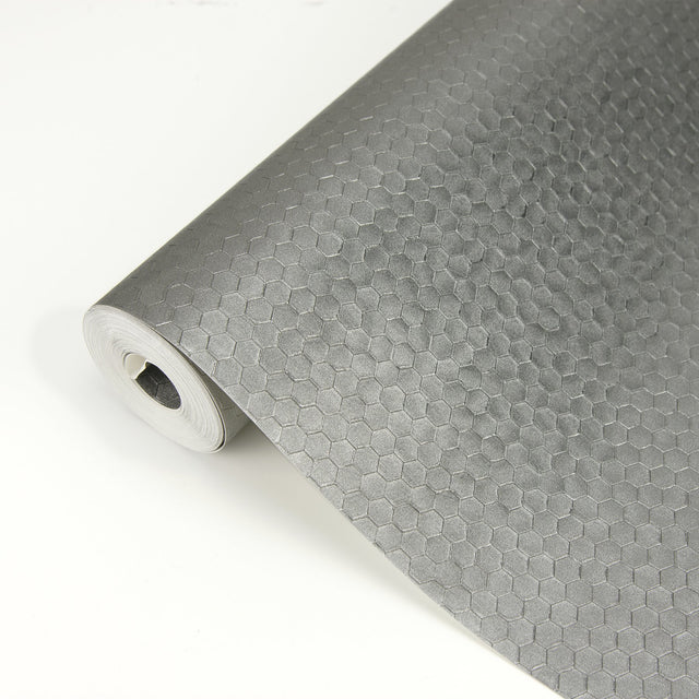 Carbon Pewter Honeycomb Geometric Wallpaper with Metallic Raised-Ink Hexagon Motif - Brewster 2927-42488