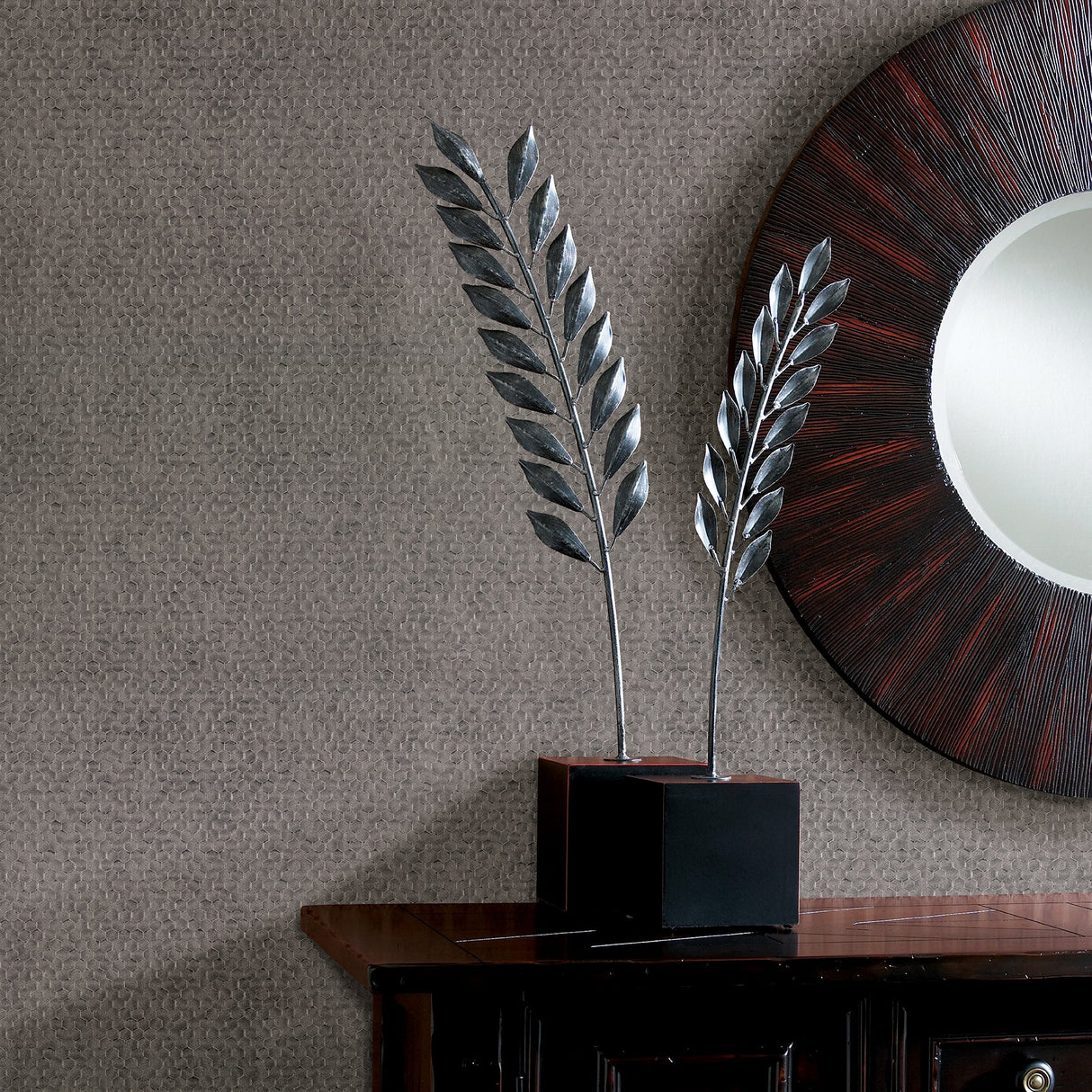 Carbon Pewter Honeycomb Geometric Wallpaper with Metallic Raised-Ink Hexagon Motif - Brewster 2927-42488