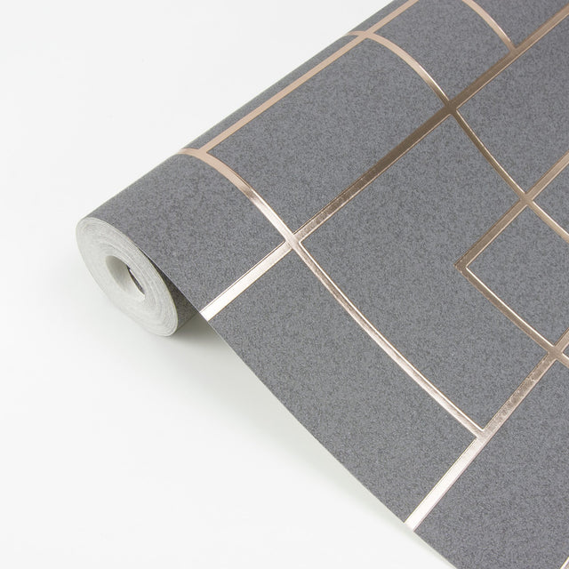 Mason Dark Grey Geometric Wallpaper with Metallic Rose Gold Abstract Geometrics - Brewster 2927-42492