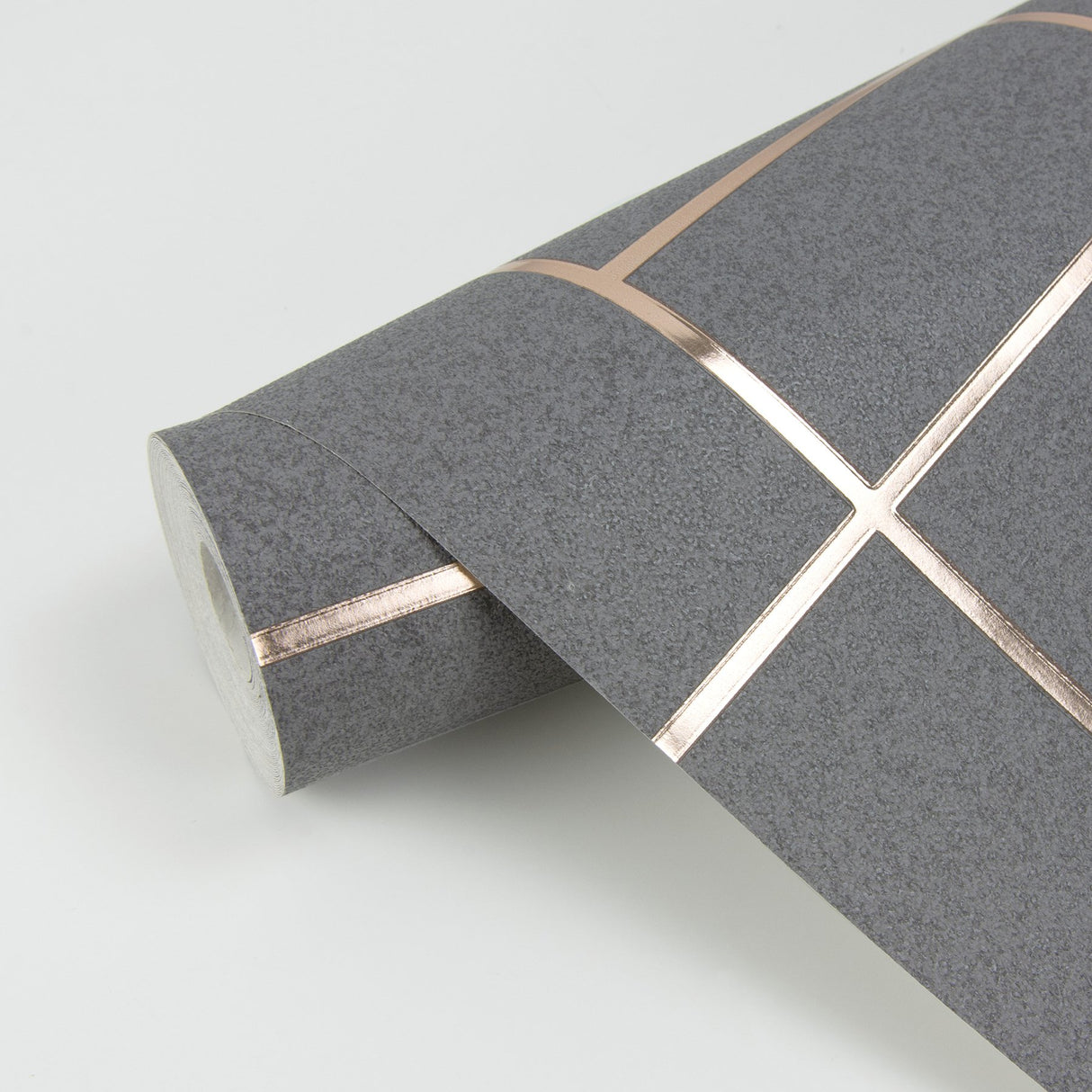 Mason Dark Grey Geometric Wallpaper with Metallic Rose Gold Abstract Geometrics - Brewster 2927-42492