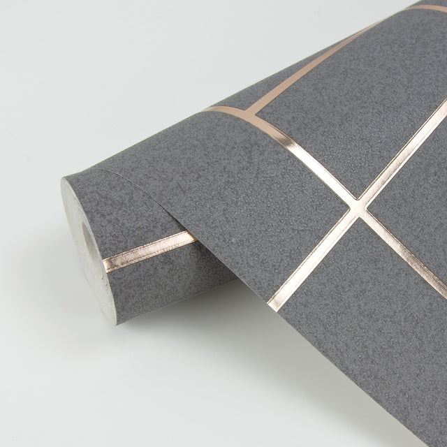 Mason Dark Grey Geometric Wallpaper with Metallic Rose Gold Abstract Geometrics - Brewster 2927-42492
