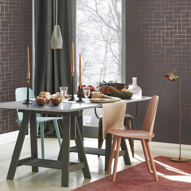 Mason Dark Grey Geometric Wallpaper with Metallic Rose Gold Abstract Geometrics - Brewster 2927-42492