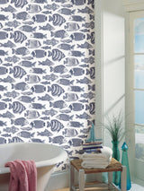 Wailea Indigo Tropical School Coastal Wallpaper with Blue Fish Pattern - A-Street Prints 2927-80202